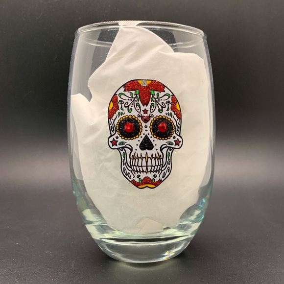 BLING SWAROVSKI CRYSTAL RED & WHITE SUGAR SKULL CANDY SKULL WINE GLASS NIB - Picture 5 of 14